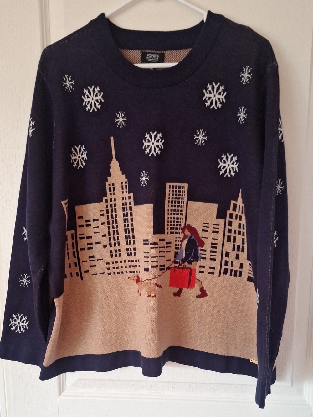 Jones New York Navy Crewneck Sweater with Tan Skyline and Red Accents